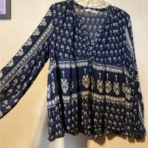 Women’s Zara Trafaluc Collection Navy & White Boho Top Long Sleeve Blouse. Sz S